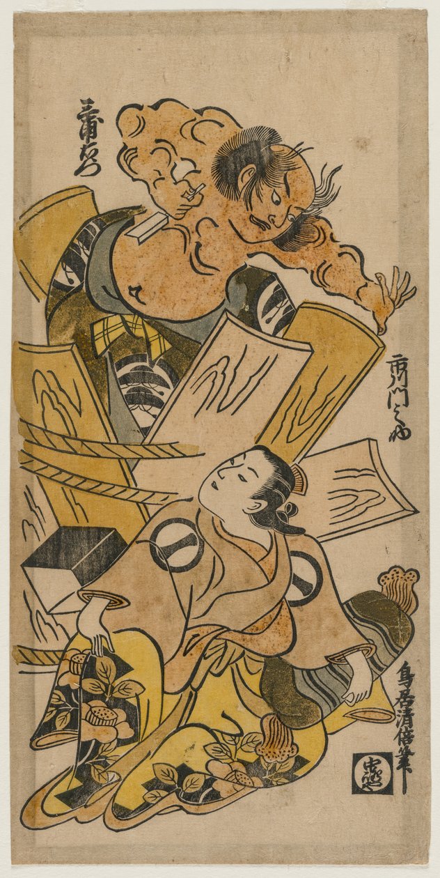 Ichikawa Monnosuke som kurtisane og Nakajima Mioemon, der sprænger ud af en tønde, ca. begyndelsen af 1720