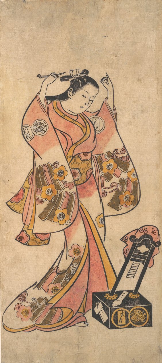 Sanjo Kantaro som en kvinde, der arrangerer sit hår foran et lakspejl, før 1763. af Torii Kiyomasu II.