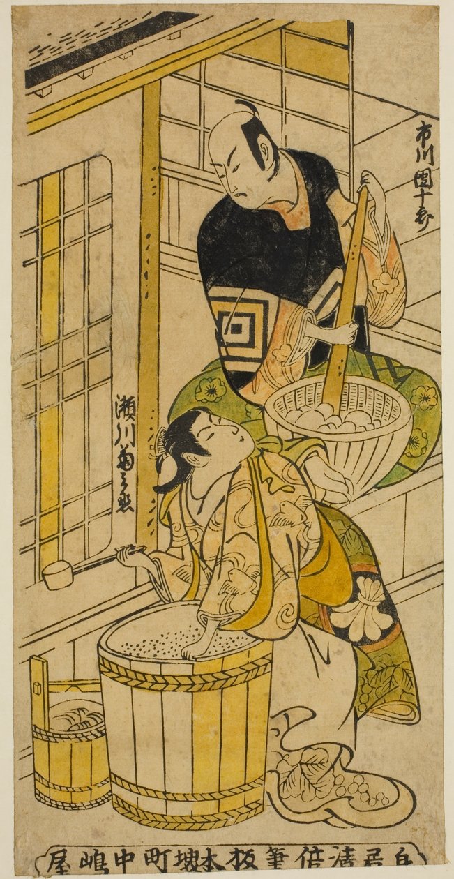 Skuespilleren Ichikawa Danjuro II som Kenkaya Gorouemon og Segawa Kikunojo I som Osen i stykket "Hatsugoyomi Akinai Soga", opført på Nakamura Theatre i den første måned, 1732 af Torii Kiyomasu II