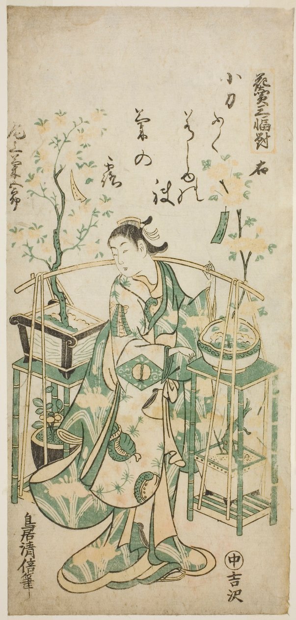 Skuespilleren Onoe Kikugoro I, højre ark af "Flower Vendor Triptykon (Hanauri sanpukutsui)" af Torii Kiyomasu II