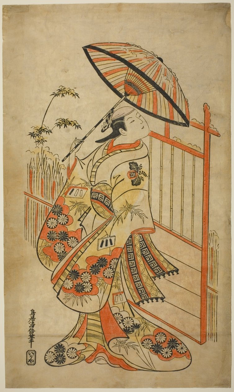 Skuespilleren Sanogawa Mangiku I som Sanada, datter af spinneren Itoya, i stykket "Hiragana Yomeiri Izu Nikki", opført på Nakamura Theatre i den ellevte måned, 1718 af Torii Kiyomasu II