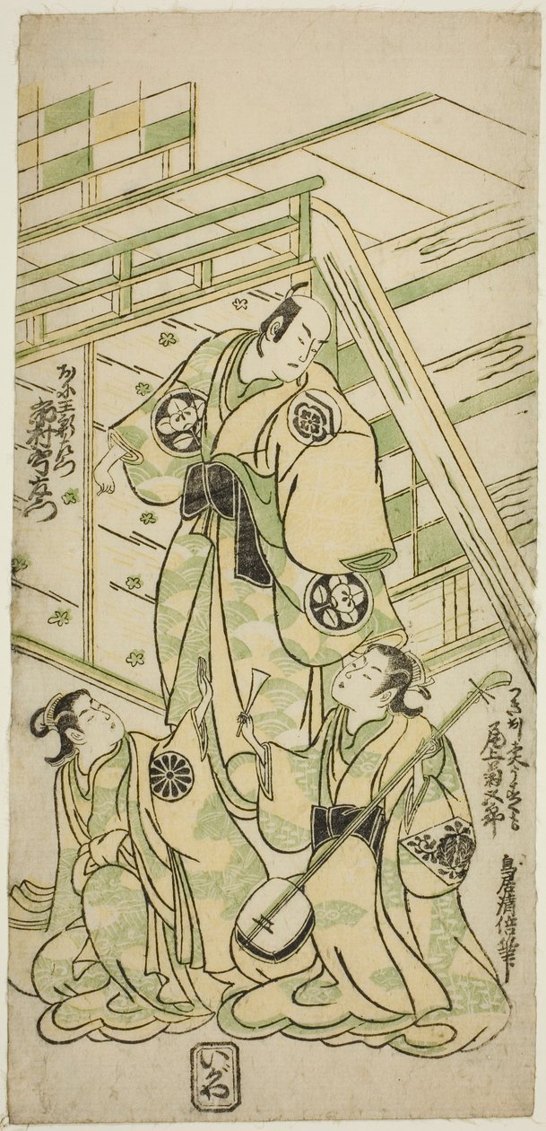 Skuespillerne Ichimura Uzaemon VIII som Onio Shinzaemon og Onoe Kikugoro I som kurtisanen Usugumo i stykket "Nanakusa Wakayagi Soga", opført på Ichimura Theatre i den første måned, 1744 af Torii Kiyomasu II
