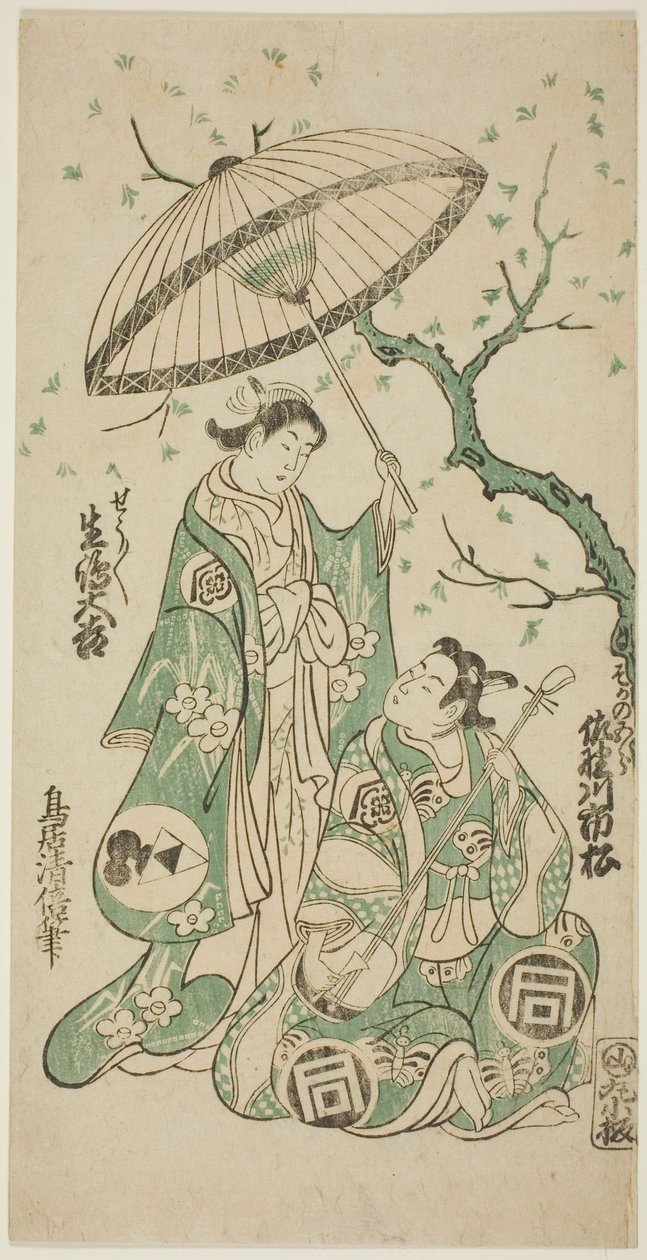 Skuespillerne Sanogawa Ichimatsu I som Soga no Goro og Ikushima Daikichi II som Kewaizaka no Shosho i stykket "Monzukushi Nagoya Soga", opførte på Ichimura Theatre i den første måned, 1748 af Torii Kiyomasu II