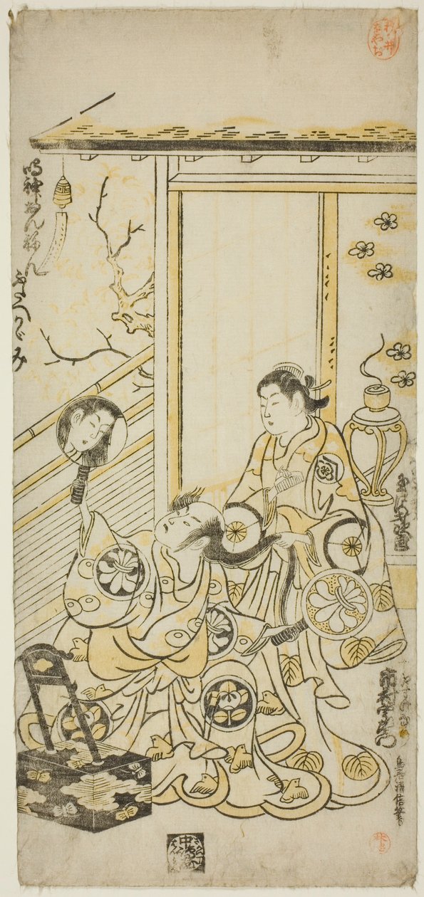 Skuespillerne Tamazawa Saijiro I som Oiso no Tora og Ichimura Uzaemon VIII som Soga no Juro i stykket "Haru wa Akebono Kuruwa Soga", opført på Ichimura Theatre i den første måned, 1743 af Torii Kiyomasu II