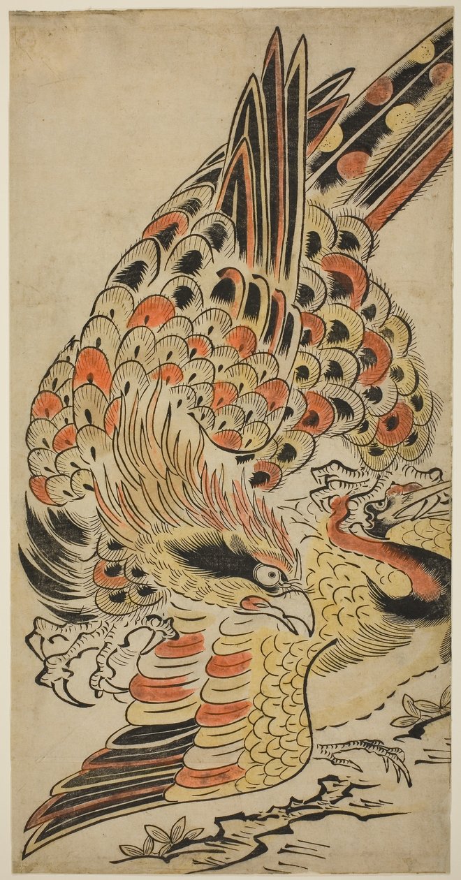 A Hawk Capturing a Crane in Flight, ca. 1715 (håndfarvet træbloktryk) af Torii Kiyomasu I