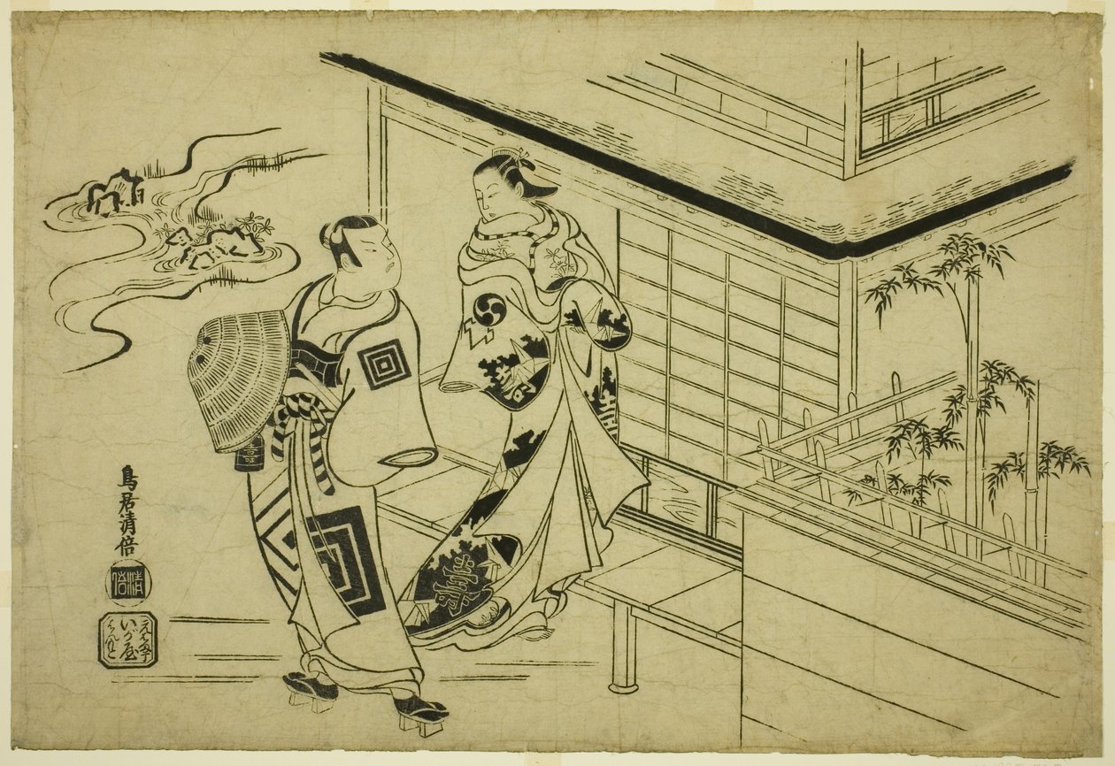 Skuespillerne Nakamura Takesaburo I som Kewaizaka no Shosho og Ichikawa Danjuro II som Soga no Goro i stykket "Bando Ichi Kotobuki Soga", opført på Nakamura Theatre i den første måned, 1715 af Torii Kiyomasu I