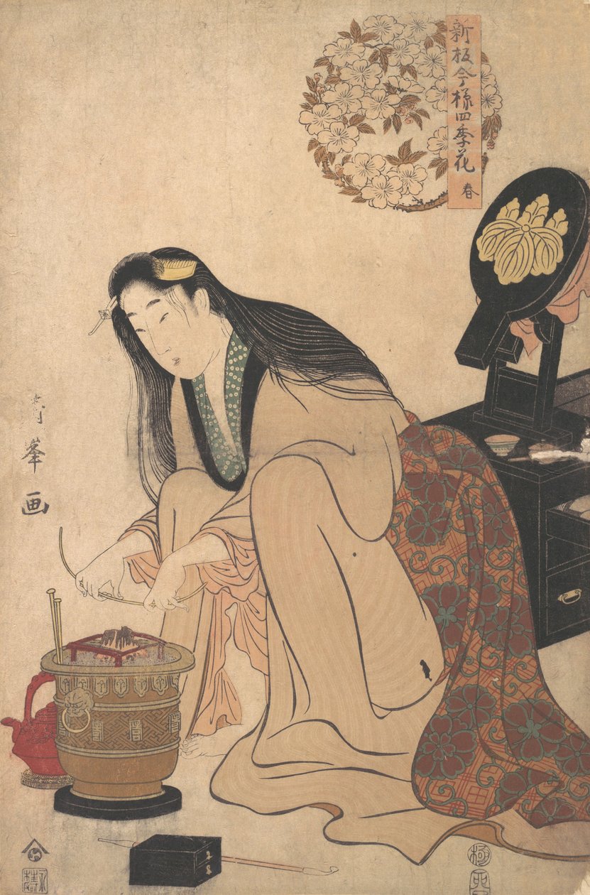 Lady arrangerer Binsashi-støtte til håret over templerne for at sætte sit hår i, ca..., ca. 1808. af Torii Kiyomine
