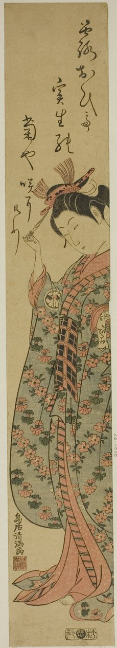 Skuespilleren Segawa Kikunojo II som en kvinde, der holder en hårnål af Torii Kiyomitsu I