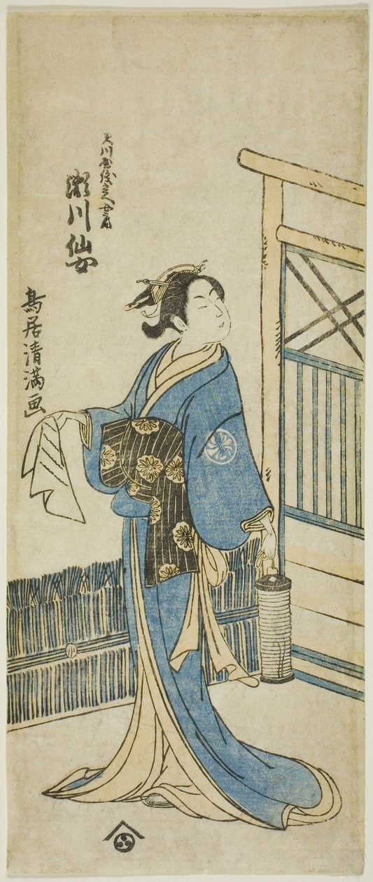 Skuespilleren Segawa Senjo (Kikunojo III) som Amakawaya Giheis kone i stykket "Kanadehon Chushingura", der blev opført på Nakamura-teatret i den femte måned, 1776. af Torii Kiyomitsu I