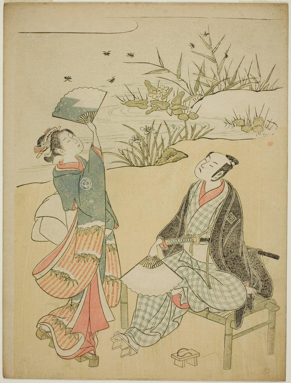 To skuespillere fanger ildfluer af Torii Kiyomitsu I