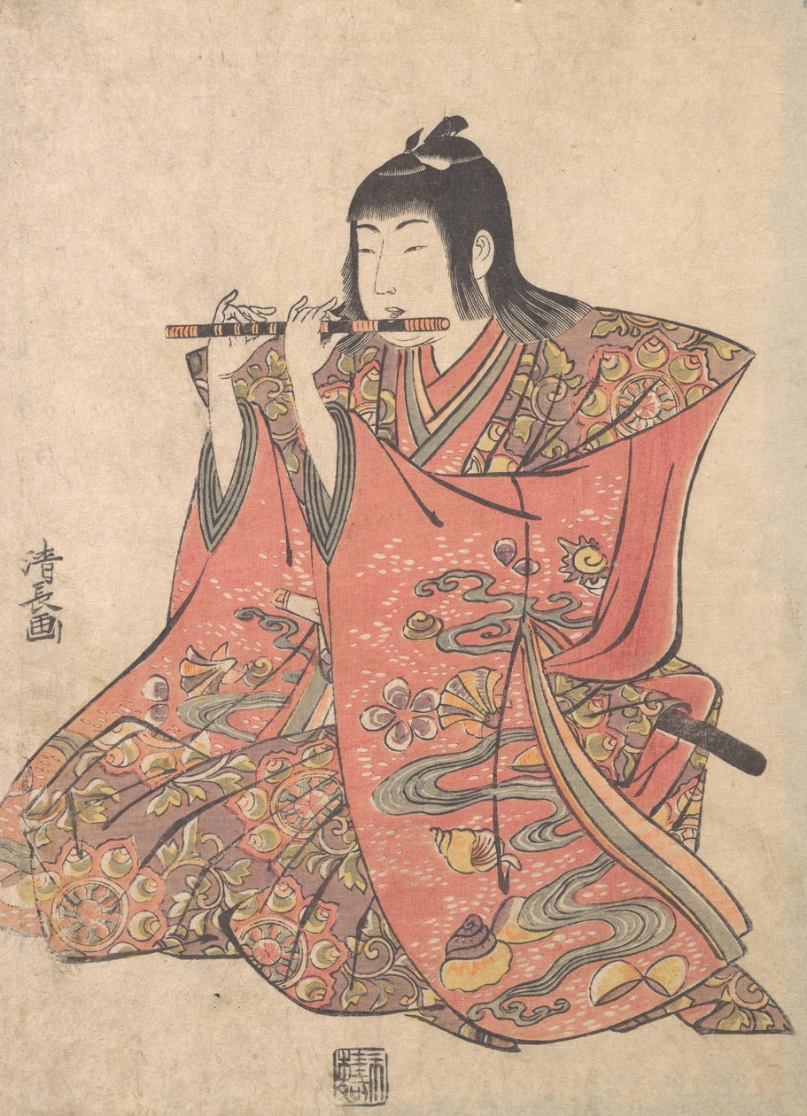 En dukke, der repræsenterer en dreng, der spiller på fløjte, ca. 1780. af Torii Kiyonaga