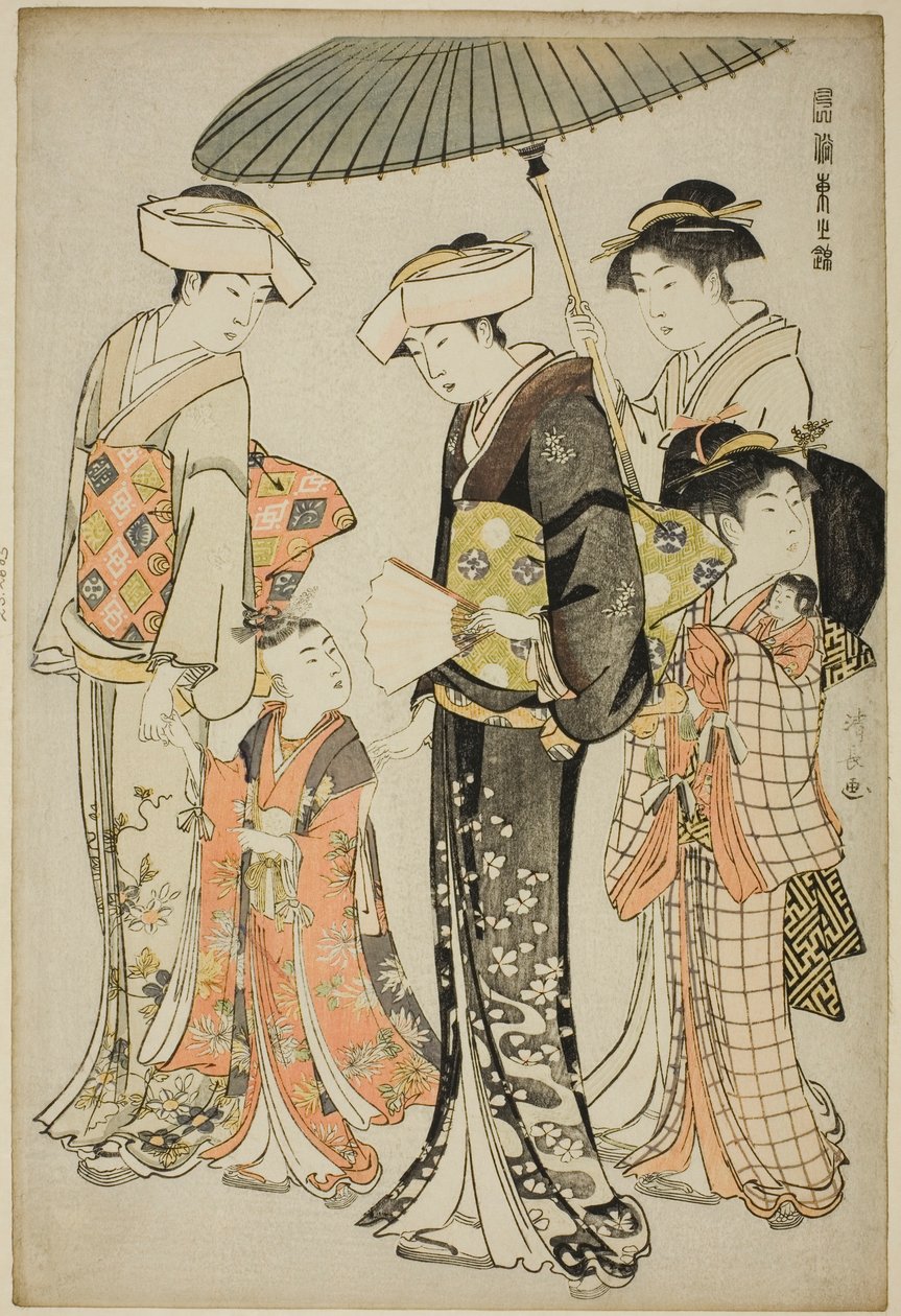 En pige og fire tjenere, fra serien "A Brocade of Eastern Manners (Fuzoku Azuma no nishiki)" af Torii Kiyonaga