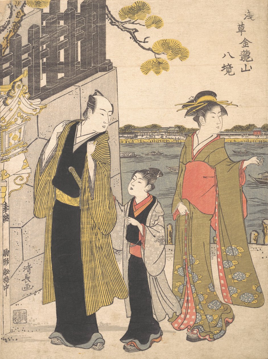 En mand med en dreng og en geisha på besøg i Kinryusan-templet, ca. 1787. af Torii Kiyonaga