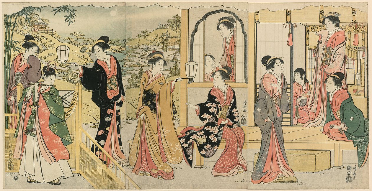En moderne version af Ushiwakamaru Serenading Princess Joruri af Torii Kiyonaga