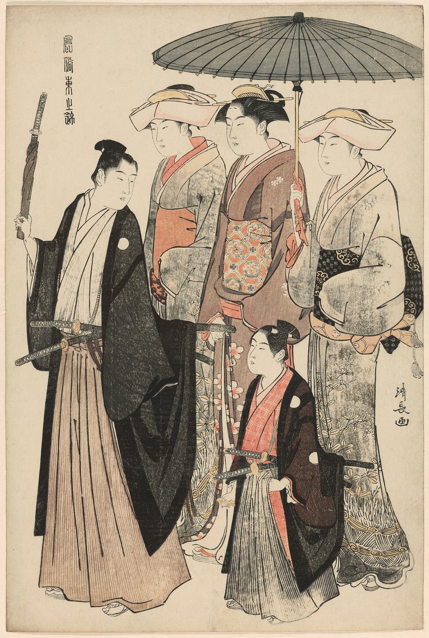 En ung adelsmand, hans mor og tre tjenere, fra serien "A Brocade of Eastern Manners (Fuzoku Azuma no nishiki)" af Torii Kiyonaga