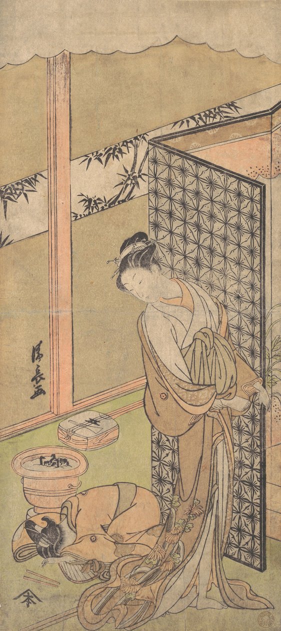 En Oiran i natdragt, holder pause, med en hånd på skærmen, der omgiver hendes seng,..., ca. 1770. af Torii Kiyonaga