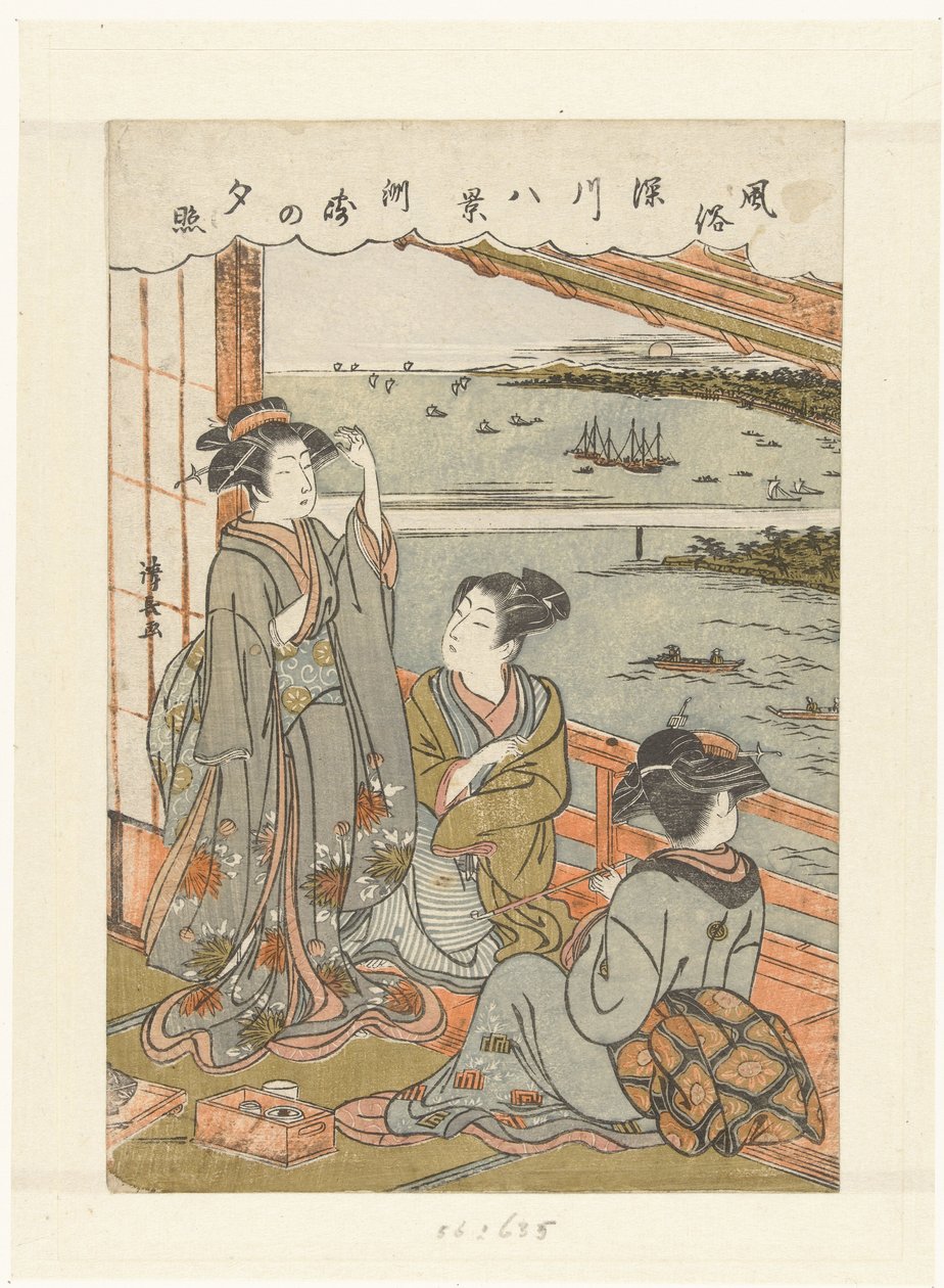 Aftenregn i Susaki Susaki no sekisho (titel på objekt) Otte ansigter af vaner og skikke i Fukagawa (serietitel) Fuzoku Fukagawa hakkei (serietitel på objekt) af Torii Kiyonaga