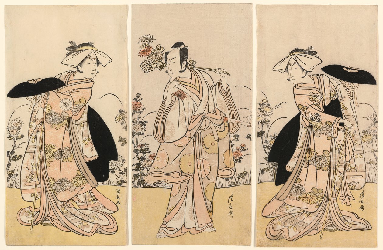 Bando Mitsugoro II som Tennen no Mansaku-kitsune og Ichikawa Monnosuke III som Nikaido Shinanonosuke og Iwai Hanshiro IV som Okura no Kojoro-kitsune i scenen fra dramaet Moto Mishi Yuki Sakae Hachi-no-ki (Nidaime Bando Mitsugoro no Tennen no mansaku- af Torii Kiyonaga
