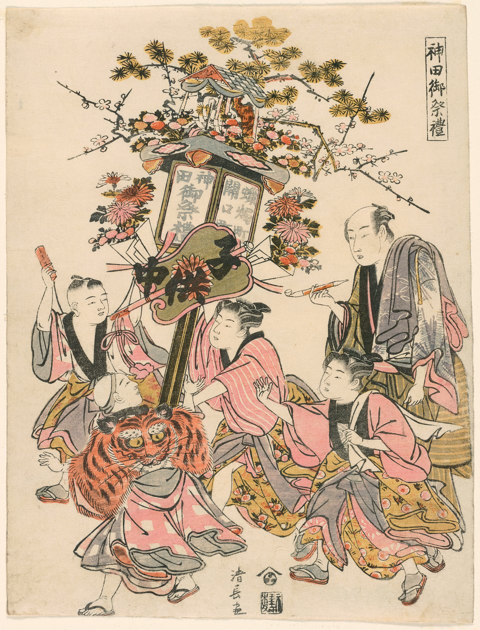 Bærer en lanterne dekoreret med en pavillon, Gohei, blomster og vifte (Sekiguchi-cho Rosoku-cho no banto), fra serien "The Festival of the Kanda Shrine (Kanda go-sairei)" af Torii Kiyonaga
