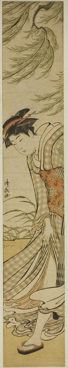 Courtesane går under et piletræ på en blæsende dag af Torii Kiyonaga