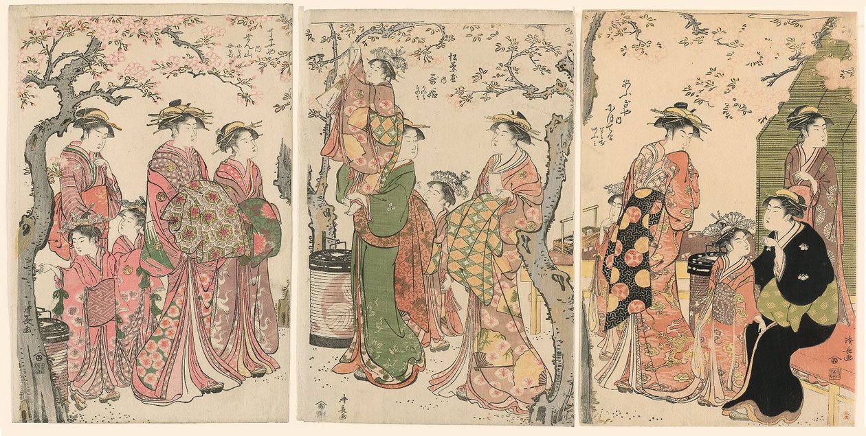 Kurtisaner og deres børnepassagerer under blomstrende kirsebærtræer af Torii Kiyonaga