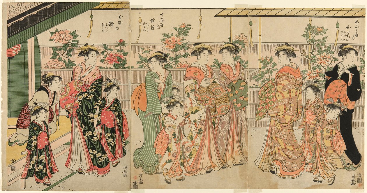 Kurtisaner af Yoshiwara og deres ledsagere ser pæonerne på Nakanocho af Torii Kiyonaga
