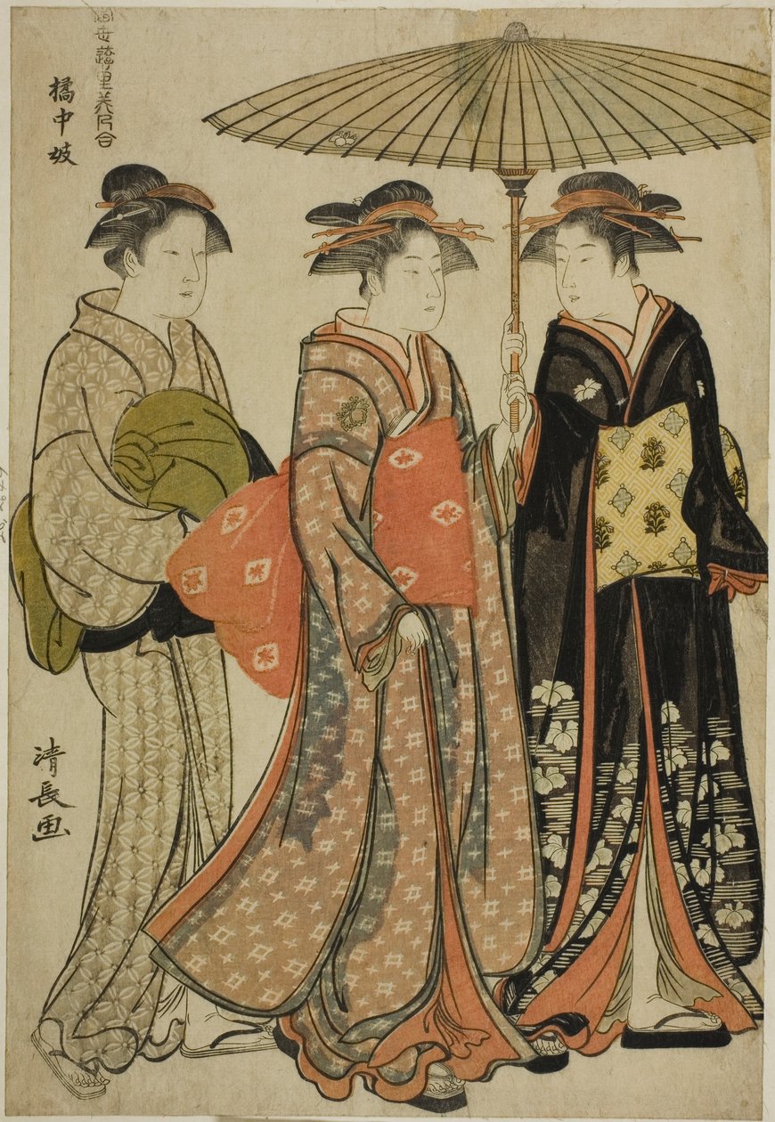 Entertainers of Tachibana (Kitchugi), fra serien "A Collection of Contemporary Beauties of the Pleasure Quarters (Tosei yuri bijin awase)" af Torii Kiyonaga