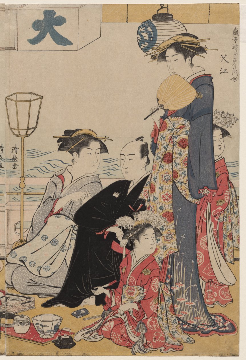 Underholdning på en balkon ved vandet i Nakasu, fra serien, A Collection of Beautiful Modern Women of the Pleasure Quarters af Torii Kiyonaga