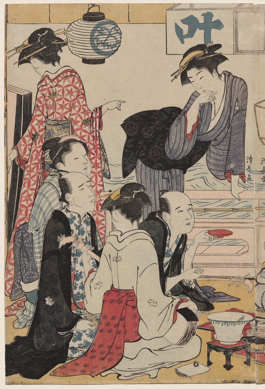 Underholdning på en balkon ved vandet i Nakasu, fra serien, A Collection of Beautiful Modern Women of the Pleasure Quarters af Torii Kiyonaga