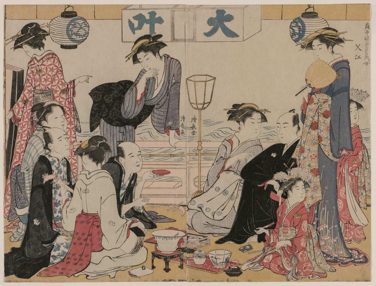 Underholdning på en balkon ved vandet i Nakasu, fra serien, A Collection of Beautiful Modern Women of the Pleasure Quarters af Torii Kiyonaga