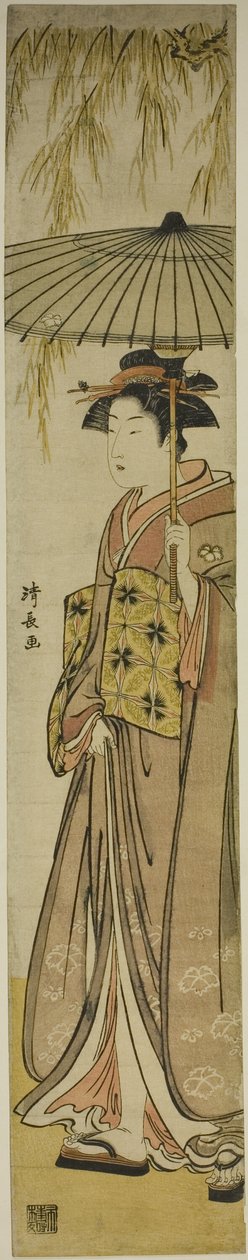 Geisha, der bærer en parasol under et piletræ af Torii Kiyonaga