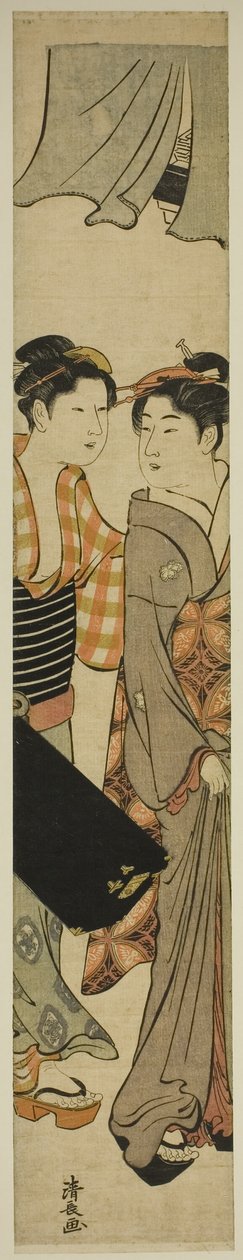 Geisha og hendes stuepige bærer en Shamisen-kasse af Torii Kiyonaga