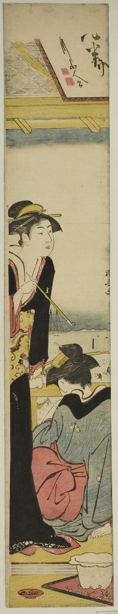 Geisha og stuepige på en balkon med udsigt over bugten af Torii Kiyonaga