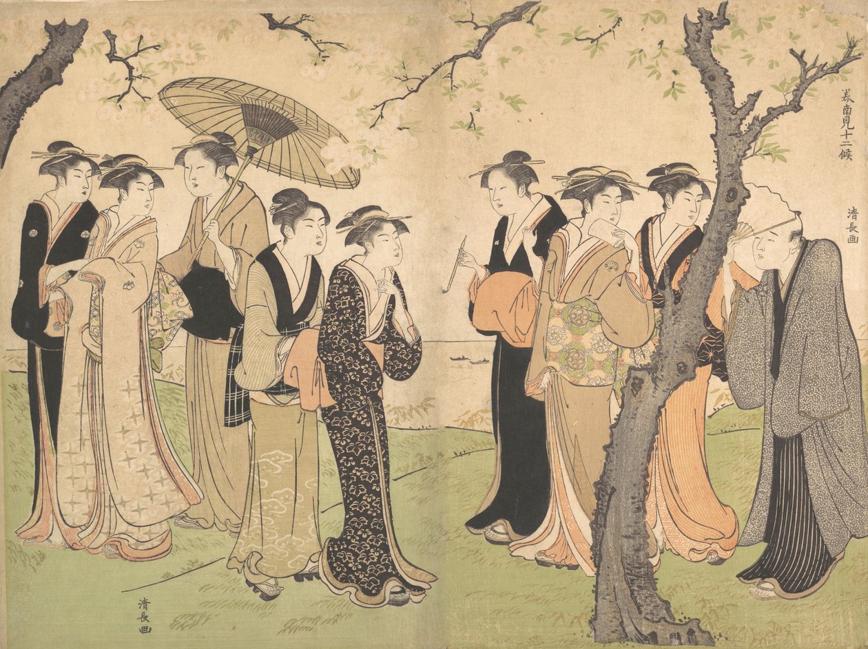 Gruppe på seks geishaer under kirsebærtræerne på Gotenyama, ca. 1785. af Torii Kiyonaga