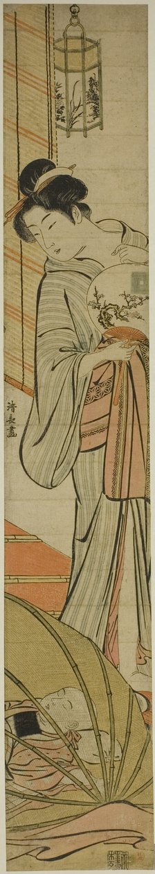 Mor ser sin søn sove under et myggenet af Torii Kiyonaga