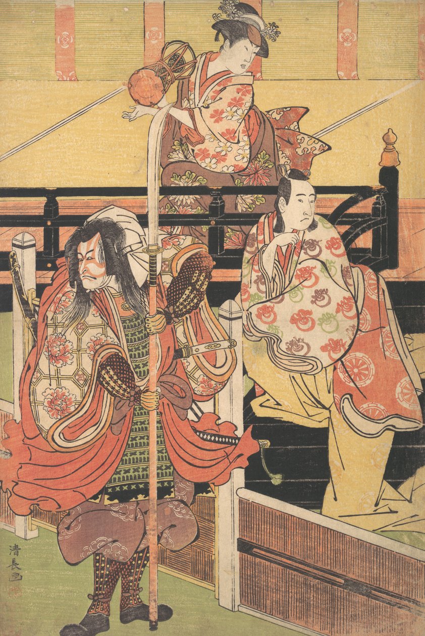 På en balkon sidder en kvinde og spiller en tsuzumi, under en mand i Daimyo-kostume er havet..., ca. 1790. af Torii Kiyonaga