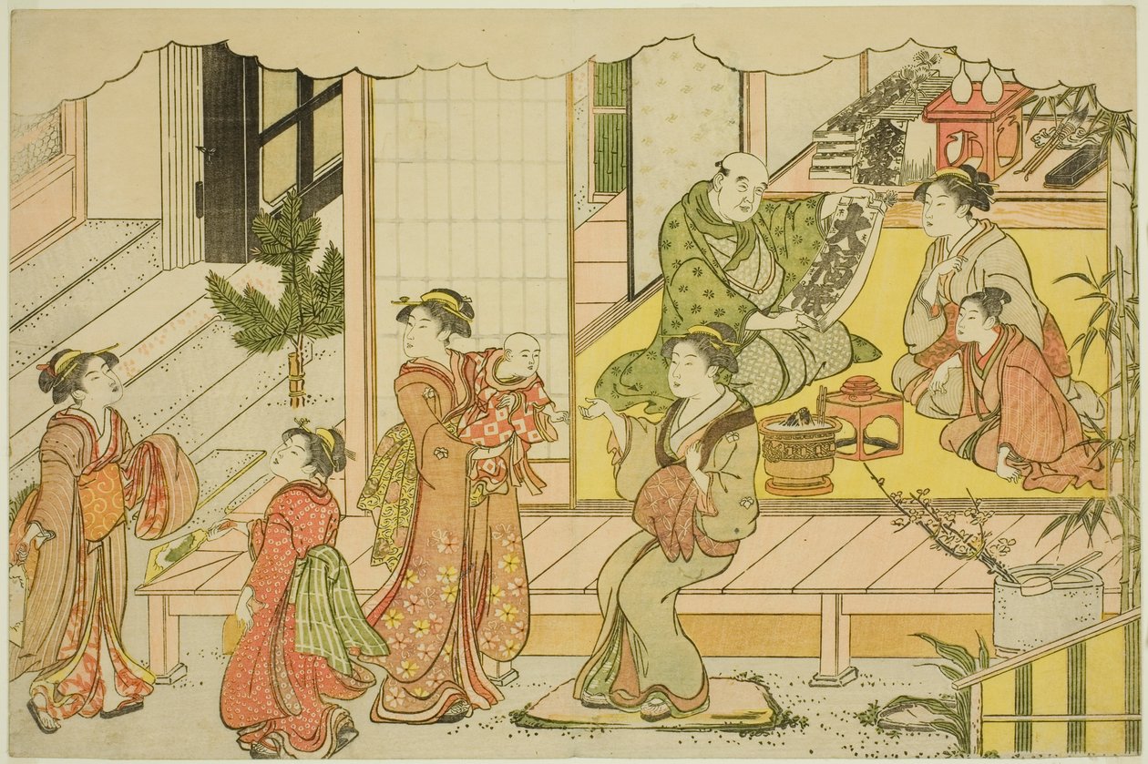 Åbning af Storehouse (Kurabiraki), fra den illustrerede bog "Colors of the Triple Dawn (Saishiki mitsu no asa)" af Torii Kiyonaga