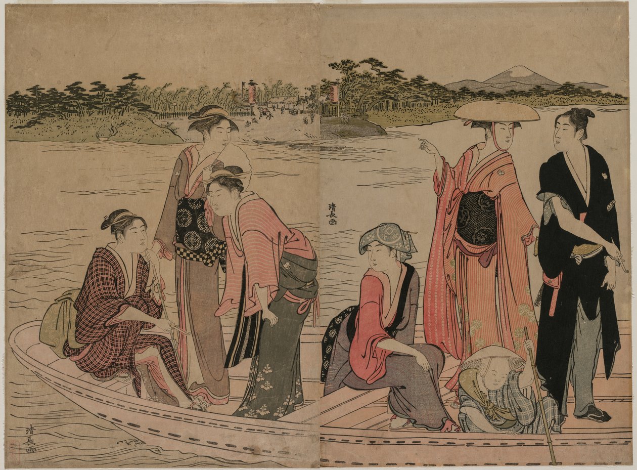 Passagerer i en færge på Sumida-floden af Torii Kiyonaga
