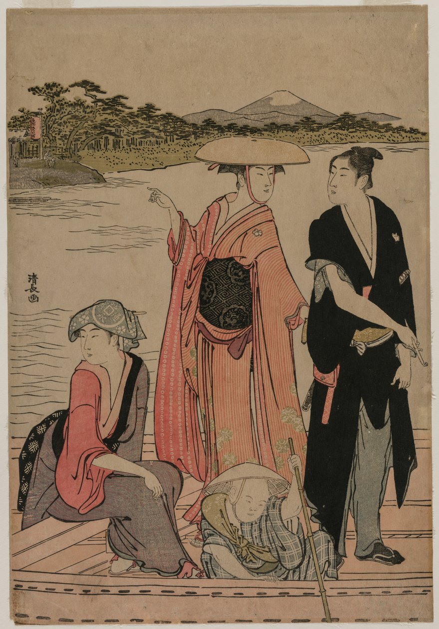 Passagerer i en færge på Sumida-floden af Torii Kiyonaga