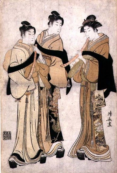 Playing the Shakuhachi, ca. 1782 (træbloktryk med blindprægning) af Torii Kiyonaga