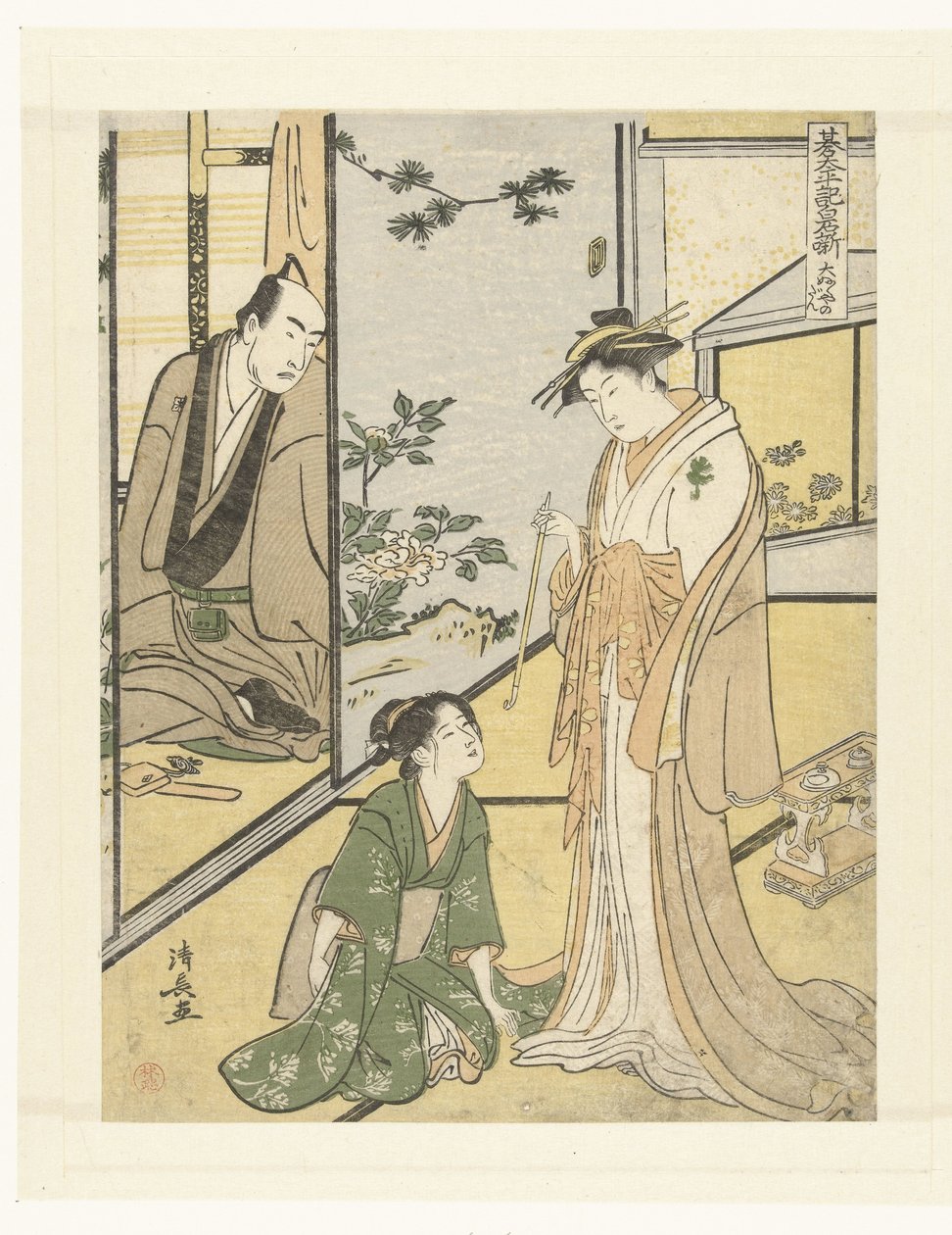 Scene i Daifukuya-huset Daifukuya no dan (titel på objekt) Het toneelstuk Shiraishibanashi (serietitel) Gotaiheiki Shiraishibanashi (serietitel på objekt) af Torii Kiyonaga