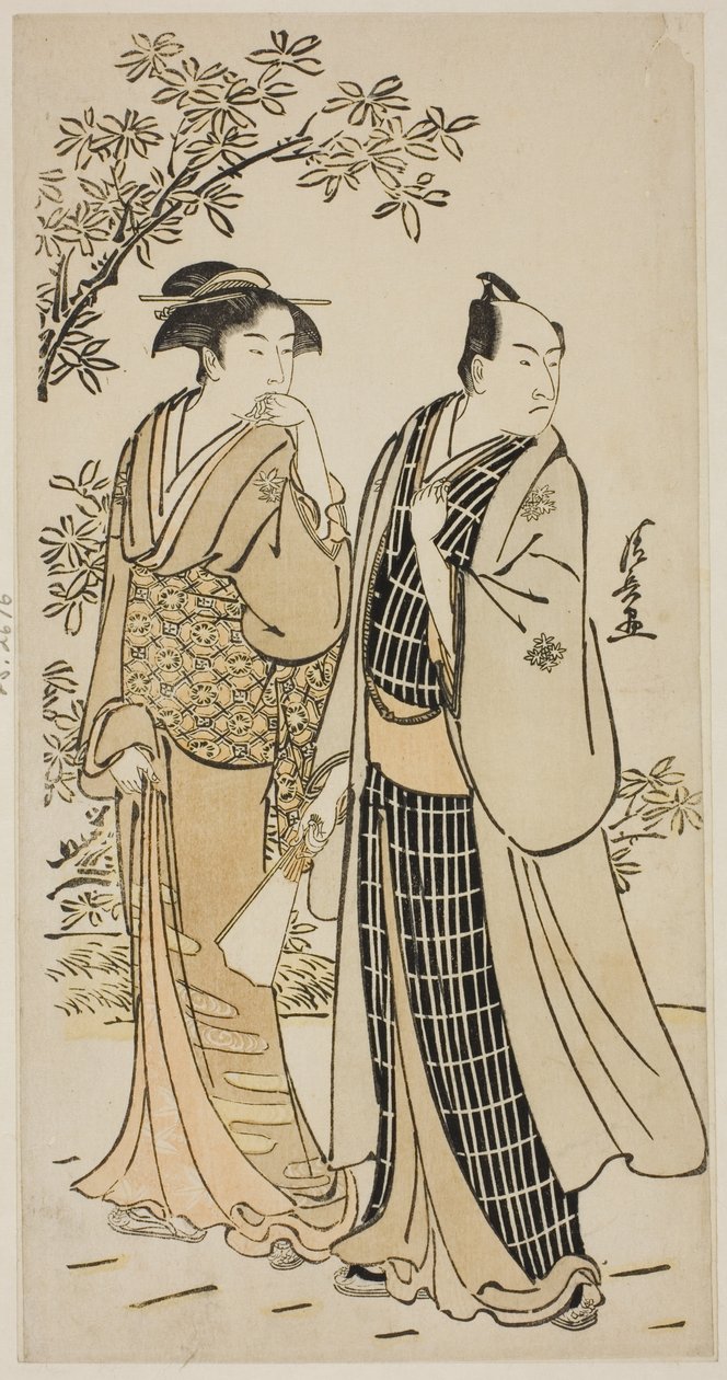 Skuespilleren Ichikawa Monnosuke II og hans kone fra en unavngiven serie af print, der viser skuespillere i privatlivet af Torii Kiyonaga