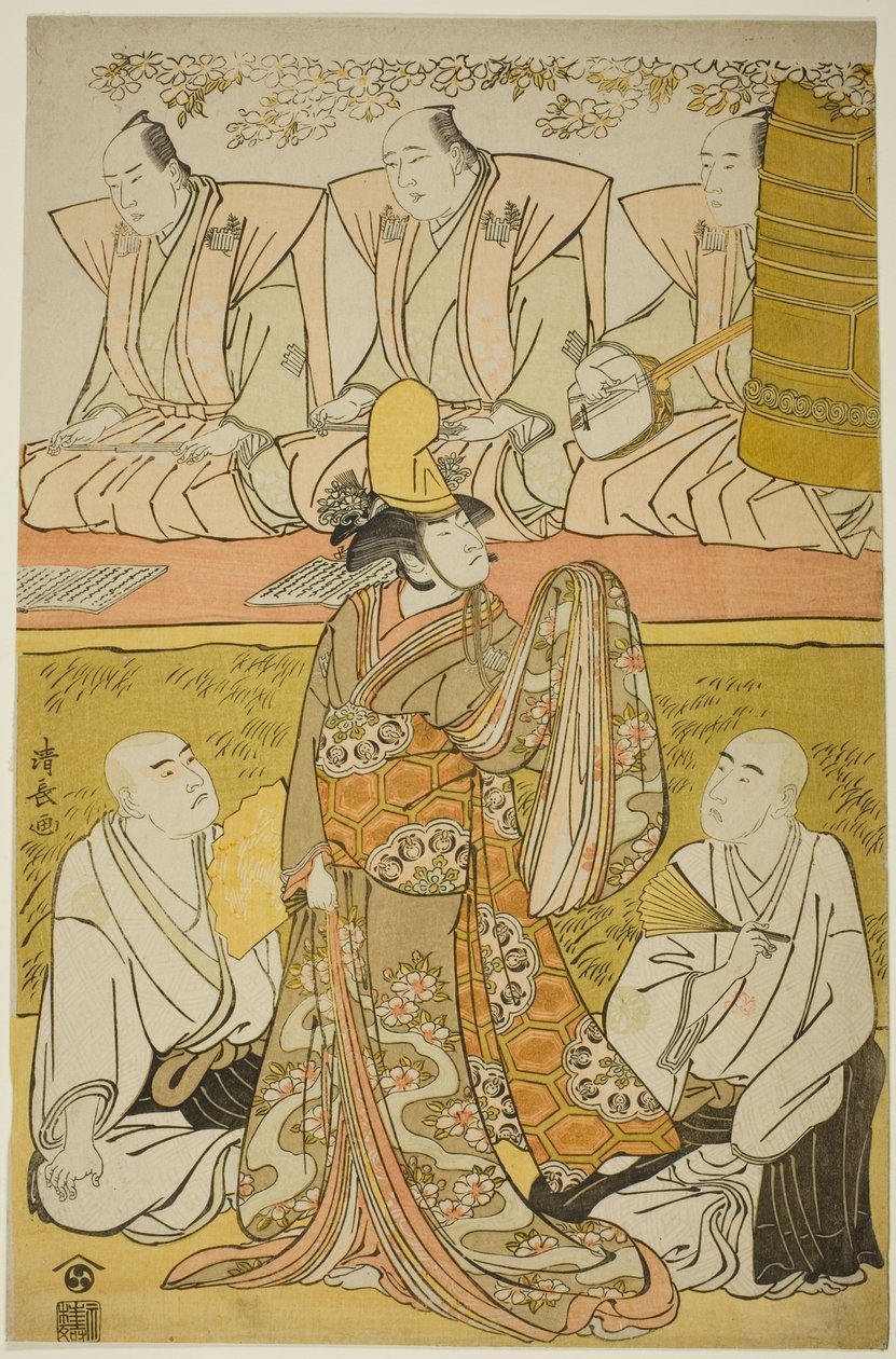 Skuespilleren Nakamura Nakazo I som Shirabyoshi Katsuragi, Matsumoto Koshiro IV som munken Meigetsubo og Otani Hiroji III som munken Izayoibo i stykket "Edoganoko Musume Dojoji", opført på Ichimura Theatre i den ottende måned, 1783 af Torii Kiyonaga