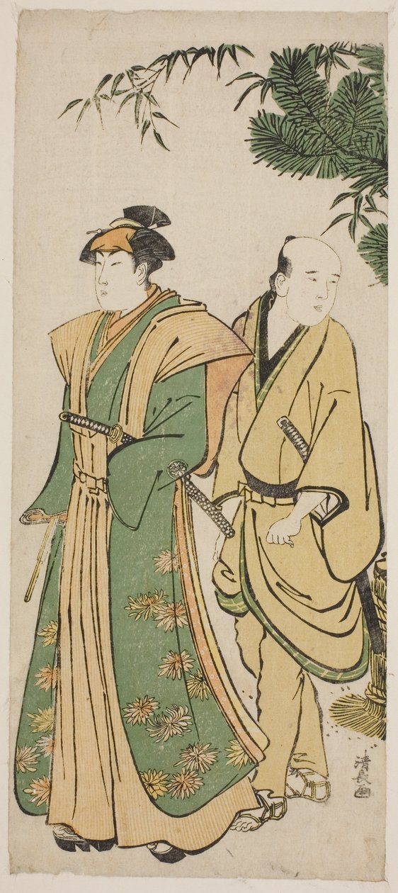 Skuespilleren Segawa Kikunojo III og hans ledsager på cermonirunde til nytår af Torii Kiyonaga