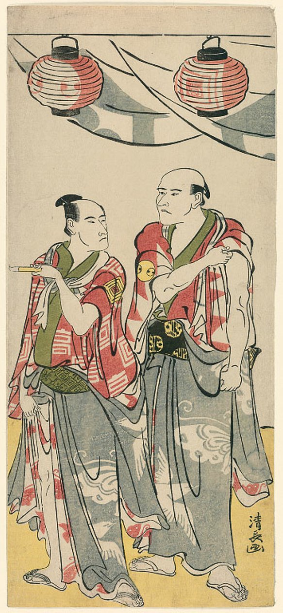 Skuespillerne Arashi Ryuzo II og Ichikawa Komazo III, fra en pentatykon med elleve skuespillere, der fejrer festivalen for Soga-brødrenes helligdom af Torii Kiyonaga