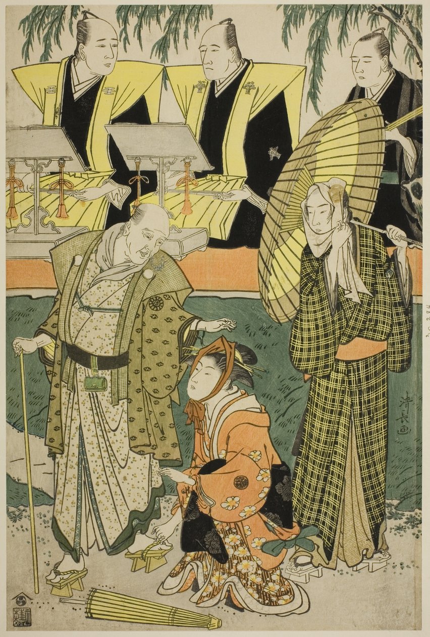 Skuespillerne Bando Matakuro IV som Chubei, Osagawa Tsuneyo II som Umegawa og Nakamura Katsugoro som Magoemon i stykket "Keisei Koibikyaku" af Torii Kiyonaga