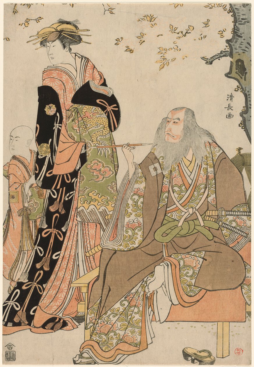 Skuespillerne Ichikawa Danjuro V som Hige no Ikyu, Nakamura Riko som Agemaki og Ichikawa Ebizo som Agemakis ledsager i stykket "Sukeroku Yukari no Edozakura" på Nakamura-teatret i den tredje måned, 1784. af Torii Kiyonaga