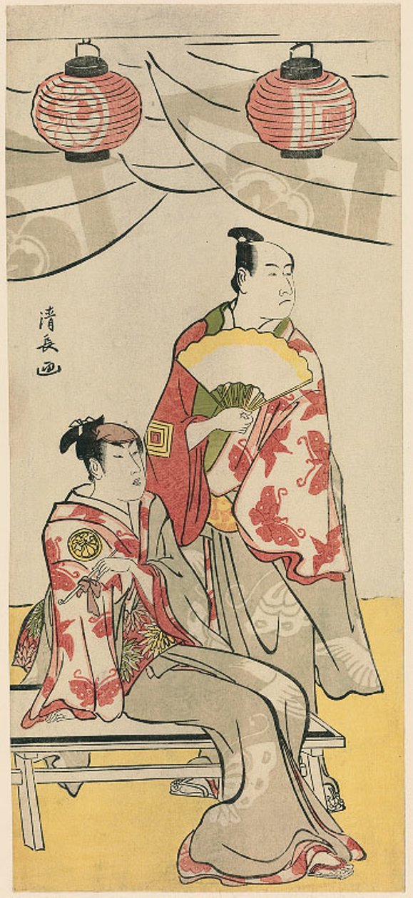 Skuespillerne Ichikawa Monnosuke II og Segawa Kikunojo III, fra en pentatykon med elleve skuespillere, der fejrer festivalen for Soga-brødrenes helligdom af Torii Kiyonaga