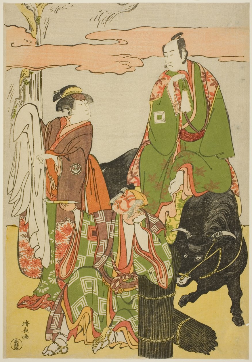 Skuespillerne Ichikawa Monnosuke II som Miyukinosuke, Segawa Kikunojo III som Hatsune-hime og Ichikawa Danjuro V som Ninnaji no Saibei, i joruri "Shitenno Oe no Yamairi", opført på Kiri Theatre i den ellevte måned, 1785 af Torii Kiyonaga