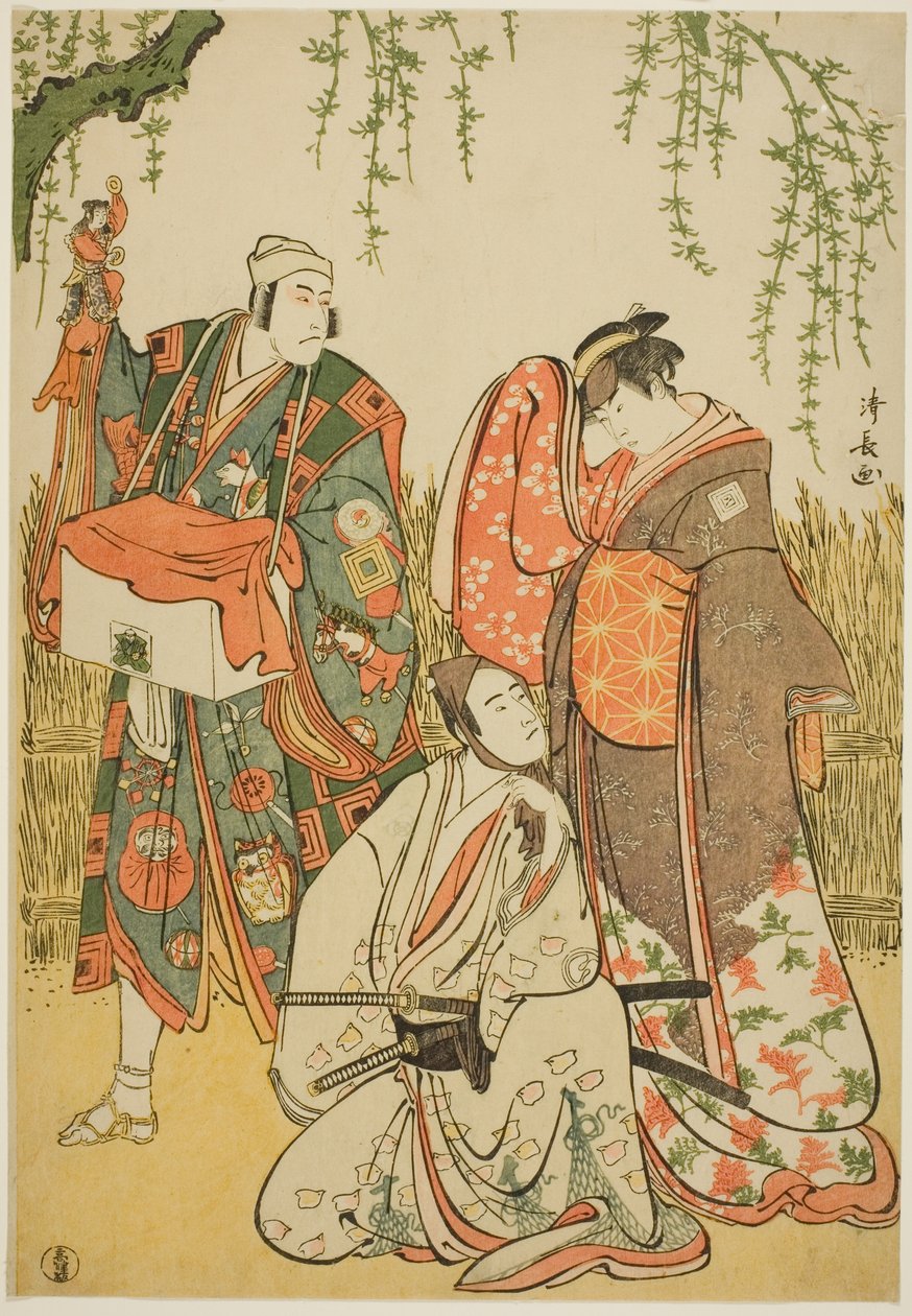 Skuespillerne Ichikawa Yaozo III som Shiragiku, Ichikawa Danjuro V som dukkeføreren Dekurokubei og Sawamura Sojuro III som Soga no Juro, i joruri "Shinobukoi Yanagi no Katsura Otoko," optrådte på Nakamura Theatre i den første måned, 1785 af Torii Kiyonaga